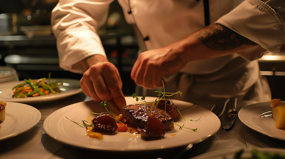 Chef preparando un platillo gourmet en un restaurante con estrella Michelin en México.