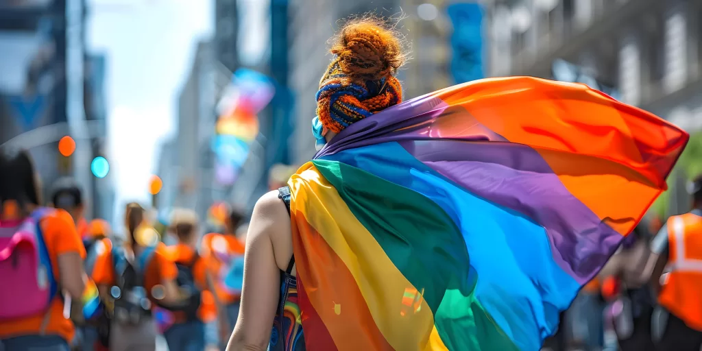 Persona celebrando en la Marcha del Orgullo LGBTQ+ 2024 en la Ciudad de México, sosteniendo una bandera del arcoíris y vistiendo ropa colorida y accesorios PRIDE.